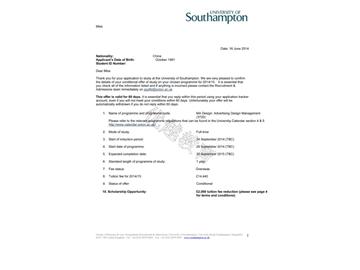 恭喜周同學成功申請到南安普頓大學研究生廣告設計管理專業(yè)--優(yōu)越教育