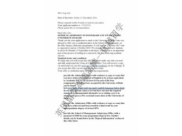 恭喜陳同學(xué)獲得巴斯大學(xué)金融專業(yè)碩士通知書(shū)