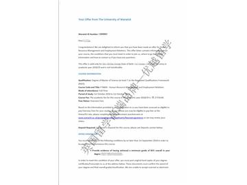 2018offer：恭喜吳同學獲得華威大學人力資源管理與勞資關系專業(yè)碩士通知書