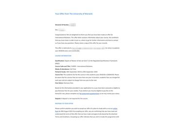 2019offer：恭喜李同學(xué)獲得華威大學(xué)國際關(guān)系專業(yè)碩士通知書