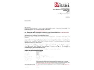 2019offer：恭喜張同學(xué)獲得布里斯托大學(xué)管理學(xué)（市場(chǎng)營(yíng)銷）專業(yè)碩士通知書