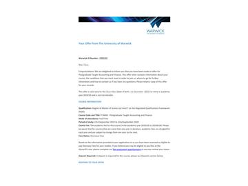 2019offer：恭喜林同學(xué)獲得華威大學(xué)（世界排名：54）會(huì)計(jì)與金融專業(yè)碩士通知書