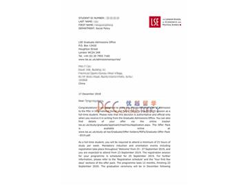 2019offer：恭喜杜同學獲得倫敦政治經(jīng)濟學院（世界排名：38）國際社會與公共政策專業(yè)碩士通知書