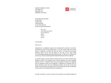 2019offer：恭喜朱同學(xué)獲得倫敦政治經(jīng)濟(jì)學(xué)院（世界排名：38）會(huì)計(jì)與金融專業(yè)碩士通知書