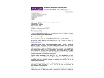 2019offer：恭喜朱同學(xué)獲得曼徹斯特大學(xué)（世界排名：29）國際商務(wù)貿(mào)易法專業(yè)碩士通知書