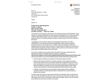 2019offer：恭喜朱同學(xué)獲得伯明翰大學(xué)（世界排名：79）管理學(xué)專業(yè)碩士通知書
