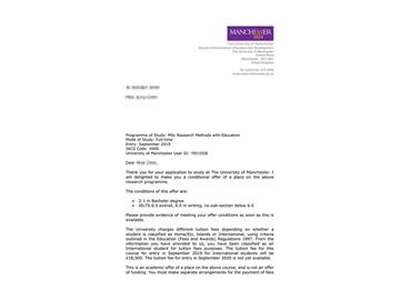 2019offer：恭喜朱同學(xué)獲得曼徹斯特大學(xué)（世界排名：29）教育研究方法專業(yè)碩士通知書