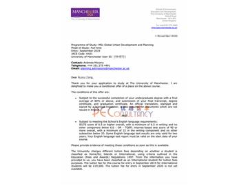 2019offer：恭喜李同學獲得曼徹斯特大學（世界排名：29）全球城市發(fā)展與規(guī)劃專業(yè)碩士通知書