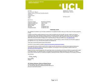 2019offer：恭喜王同學獲得倫敦大學學院（世界排名：10）分子模擬專業(yè)碩士通知書