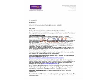 2019offer：恭喜孫同學獲得曼徹斯特大學（世界排名：29）計量金融專業(yè)碩士通知書。