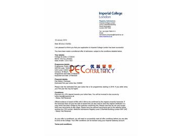 2019offer：恭喜朱同學獲得帝國理工學院（世界排名：8）公共健康專業(yè)碩士通知書