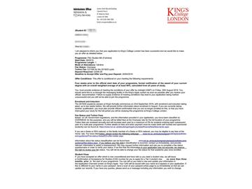2019offer：恭喜王同學獲得倫敦大學國王學院（世界排名：31）電影研究專業(yè)碩士通知書