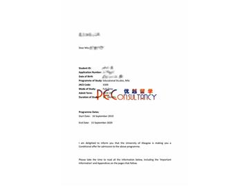 2019offer：恭喜林同學(xué)獲得格拉斯哥大學(xué)（世界排名：69）教育學(xué)專(zhuān)業(yè)碩士通知書(shū)