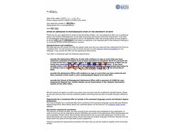 2019offer：恭喜韓同學(xué)獲得巴斯大學(xué)（世界排名：158）會(huì)計(jì)與金融專(zhuān)業(yè)碩士通知書(shū)