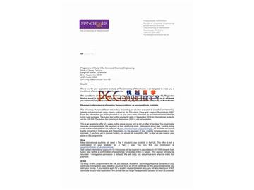 2019offer：恭喜周同學獲得曼徹斯特大學(世界排名：29)高等化學工程專業(yè)碩士通知書